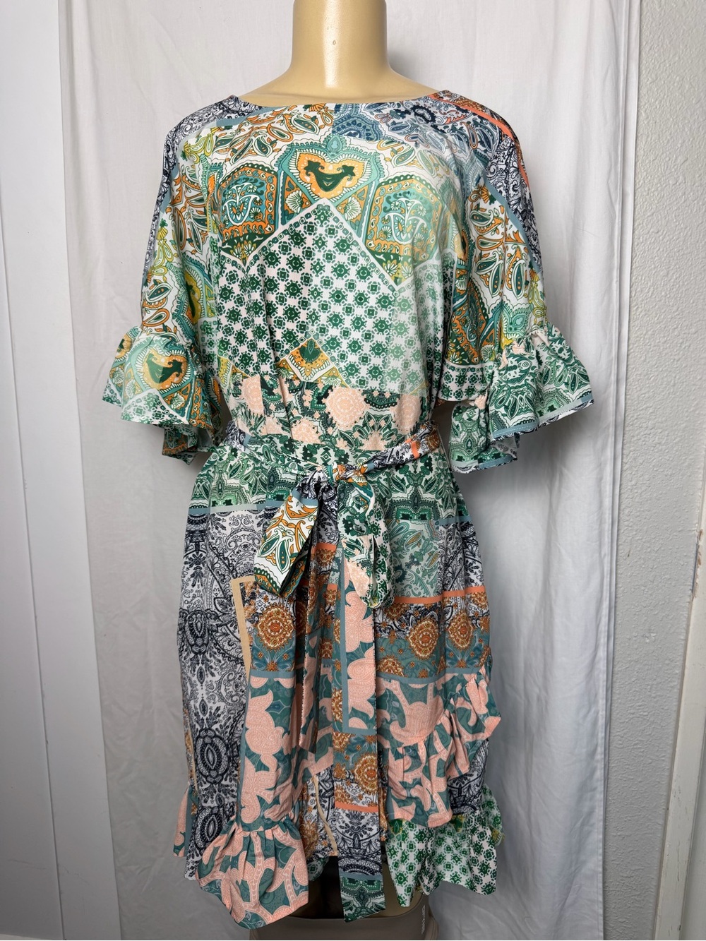 Never Fully Dressed Multi Paisley patchwork belted midi dress size 14